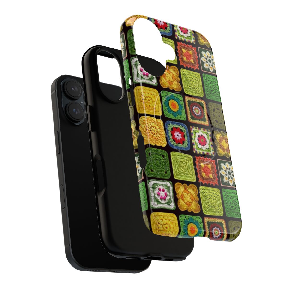 Colorful crochet pattern on a black magnetic phone case - Layers