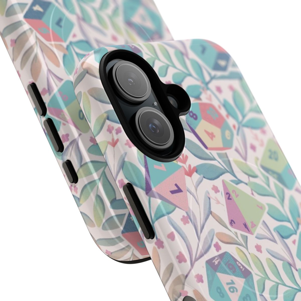 Pastel floral and nature inspired DND dice set in a magnetic tough phone case - Detail