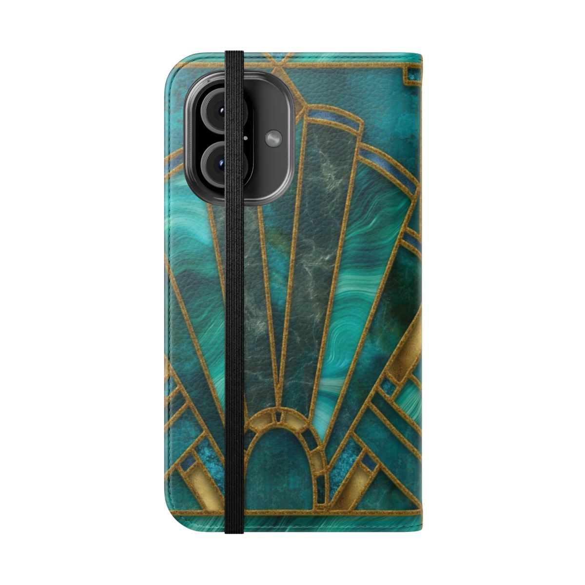 Elegant stained glass art deco inspired phone case with marble and gemstone accents - Folded Front