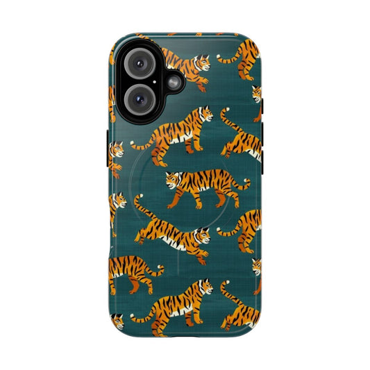 Vibrant tiger pattern phone case in navy blue, orange, and teal colors