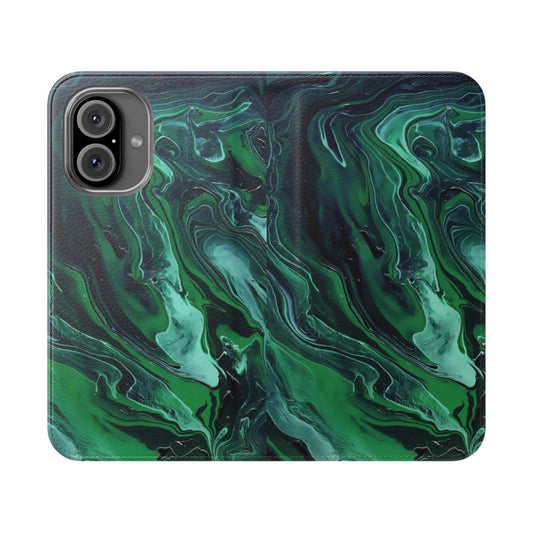 Nebula Flip Cover Phone Case with a swirl marble effect design in dark green and black colors