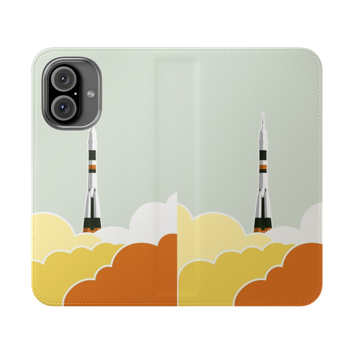 Flip cover phone case with a space-themed design featuring planets, stars, and spacecraft.