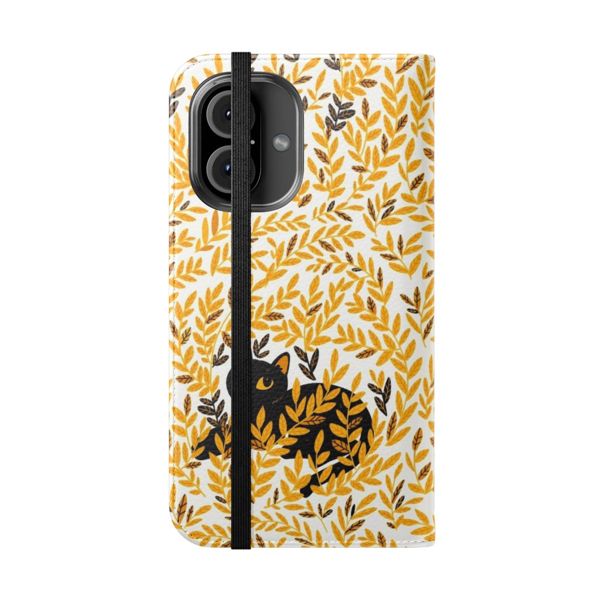 Autumn-themed phone case with a black cat and yellow leaves - Folded Front