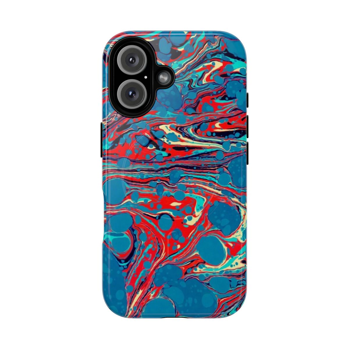 Psychedelic blue and red marbled phone case with an abstract, artistic design.