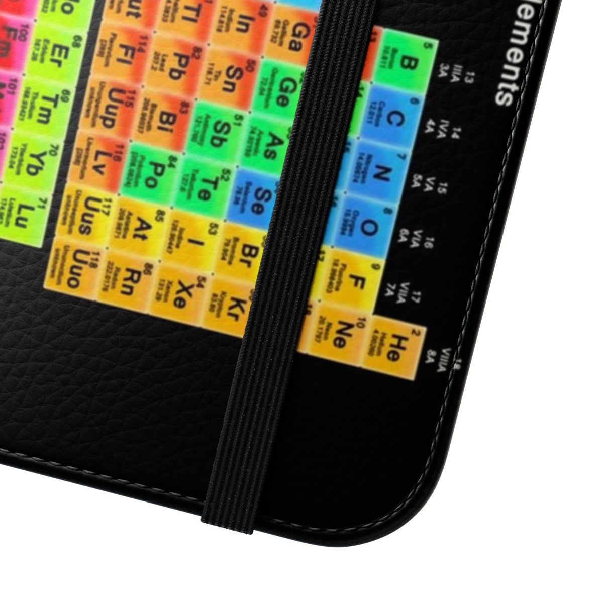 Vibrant color periodic table graphic on a black flip phone case - Close Up