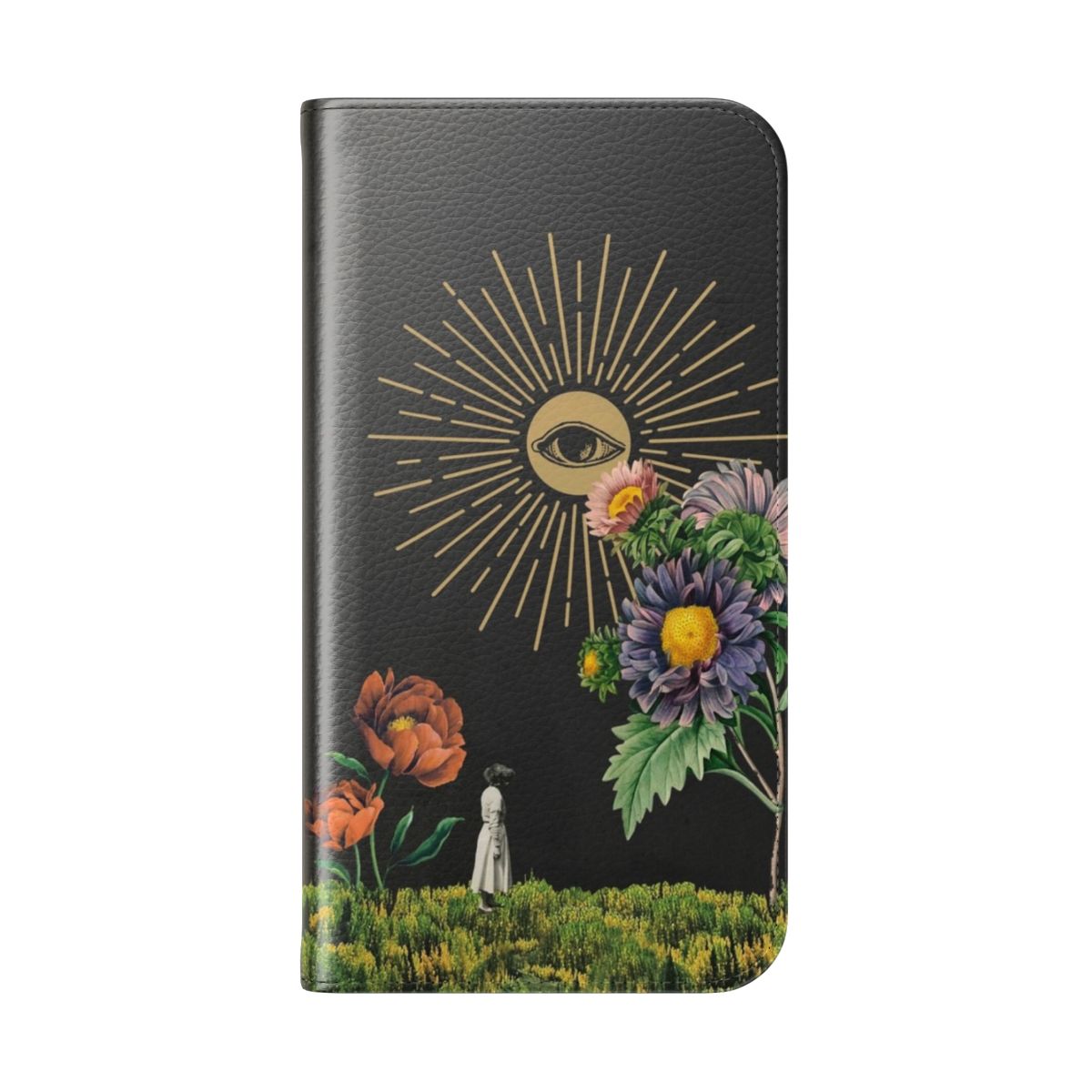 Artful solar-powered flip phone cover with a collage of surreal floral imagery, sun, and eyes - Folded Back