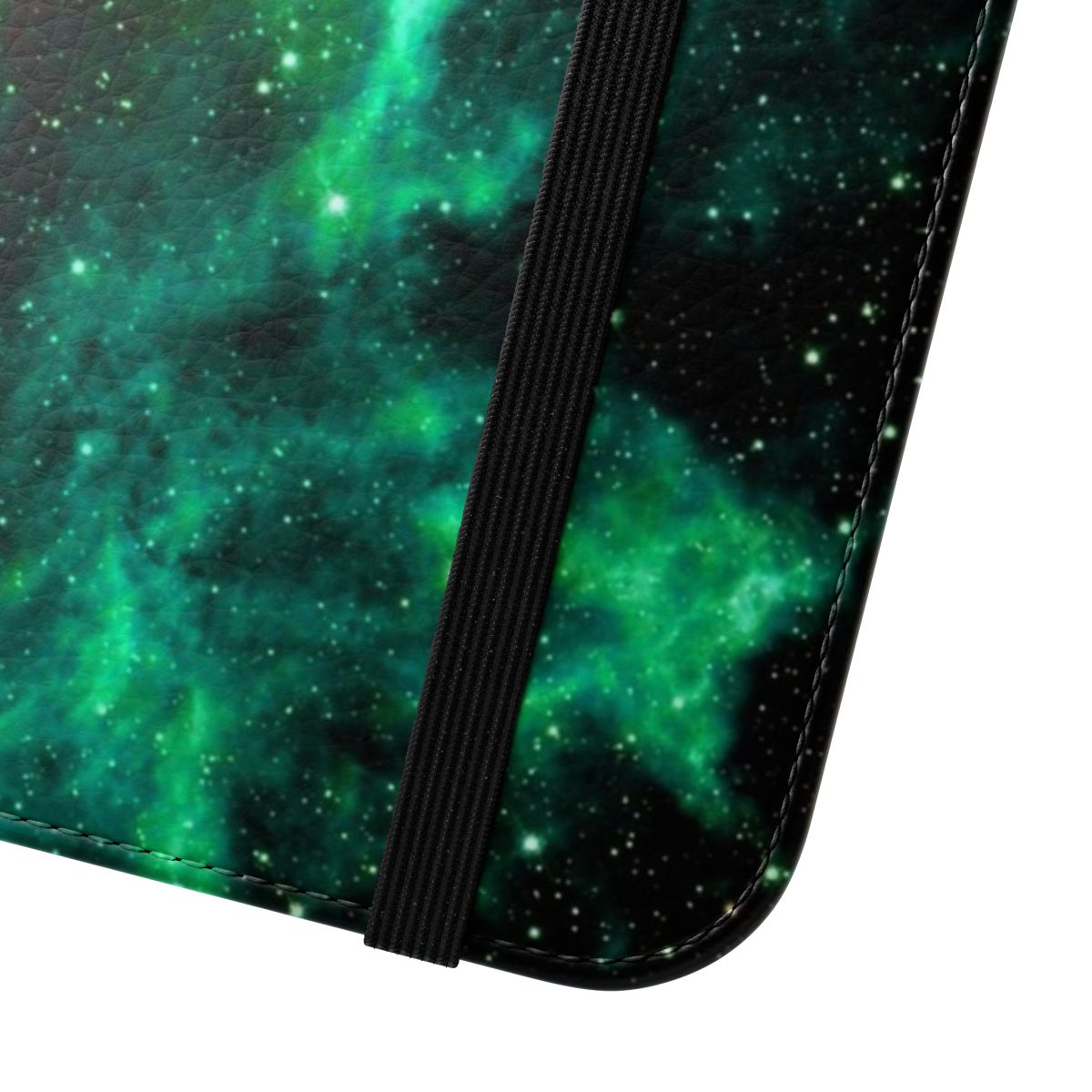 A green flip cover phone case featuring a cosmic galaxy design with stars, planets, and constellations. - Close Up