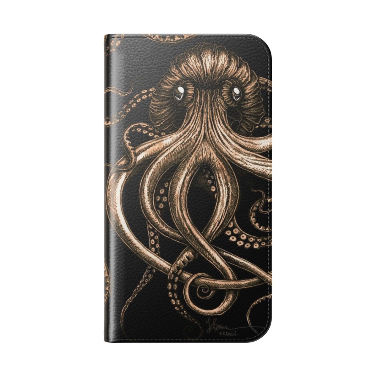 Detailed bronze-colored kraken phone case featuring intricate mollusc design - Folded Back