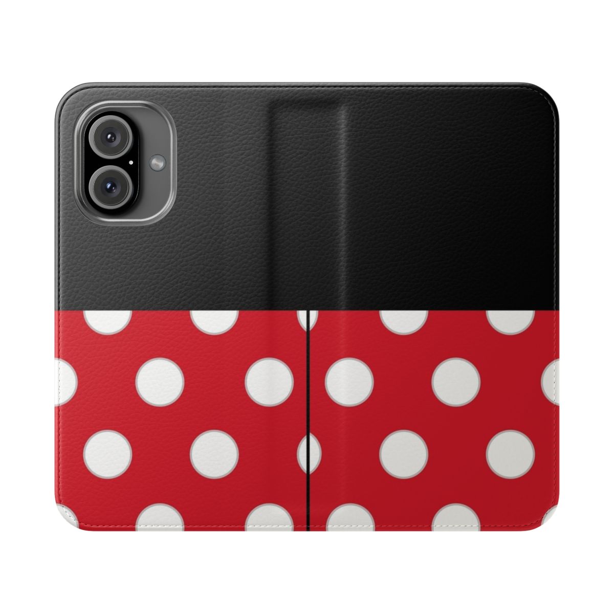 A red, white, and grey flip cover phone case with a Minnie Mouse inspired design.