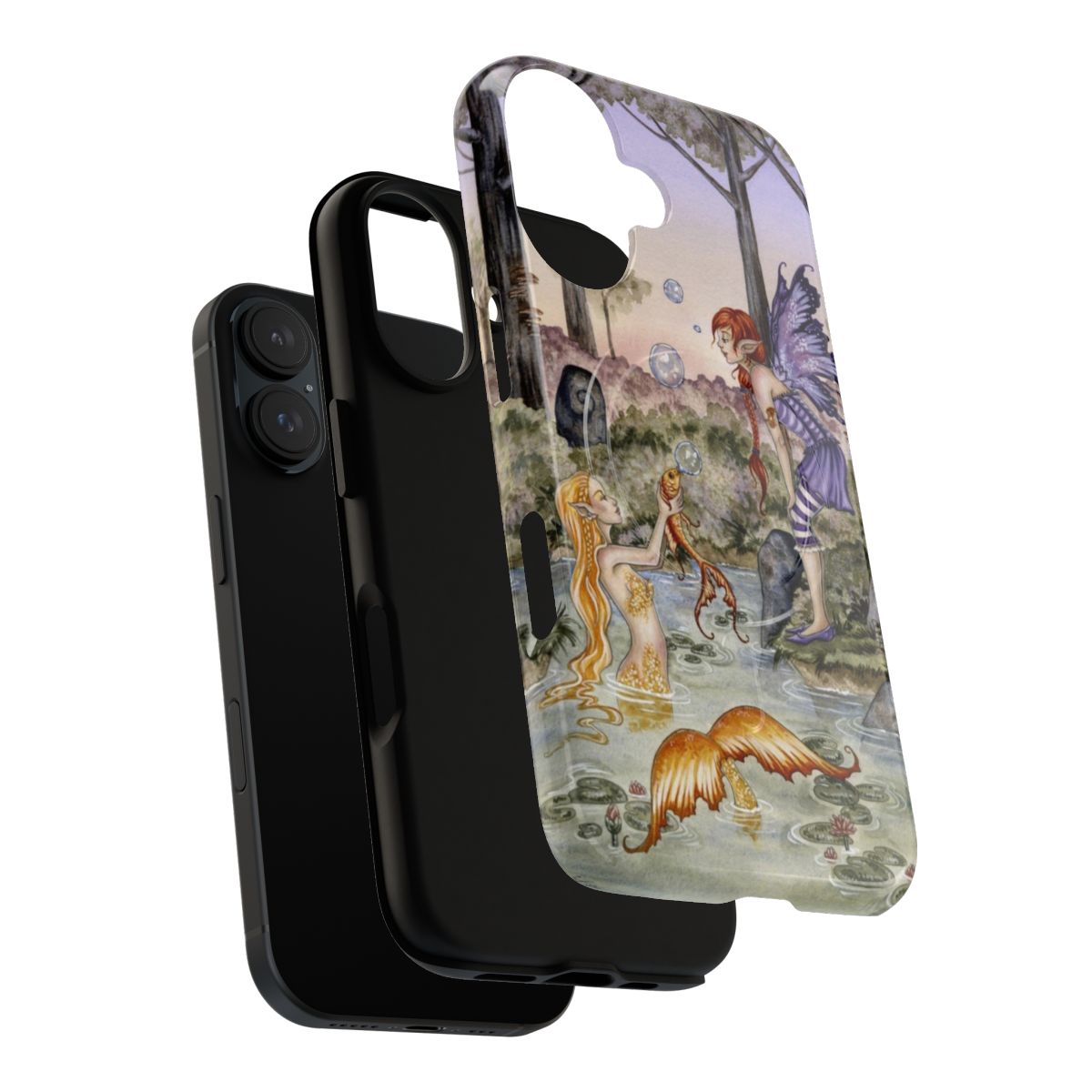 Whimsical phone case featuring a mermaid and goldfish in a dreamlike underwater scene - Layers