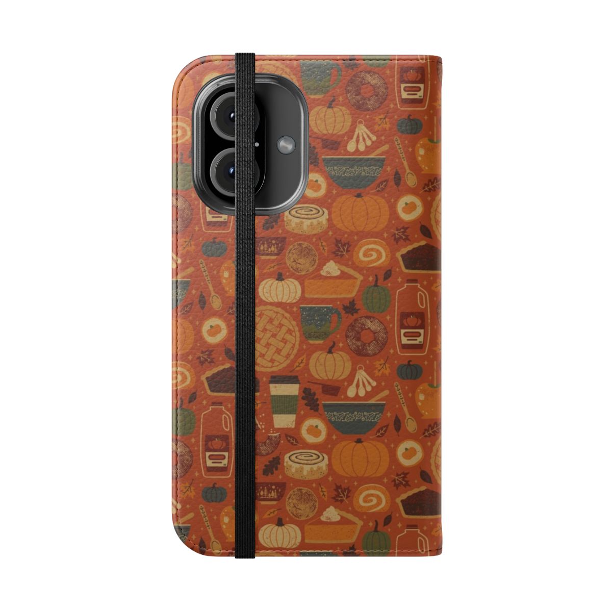 Pumpkin spice themed phone flip case with fall leaves and cinnamon accents - Folded Front