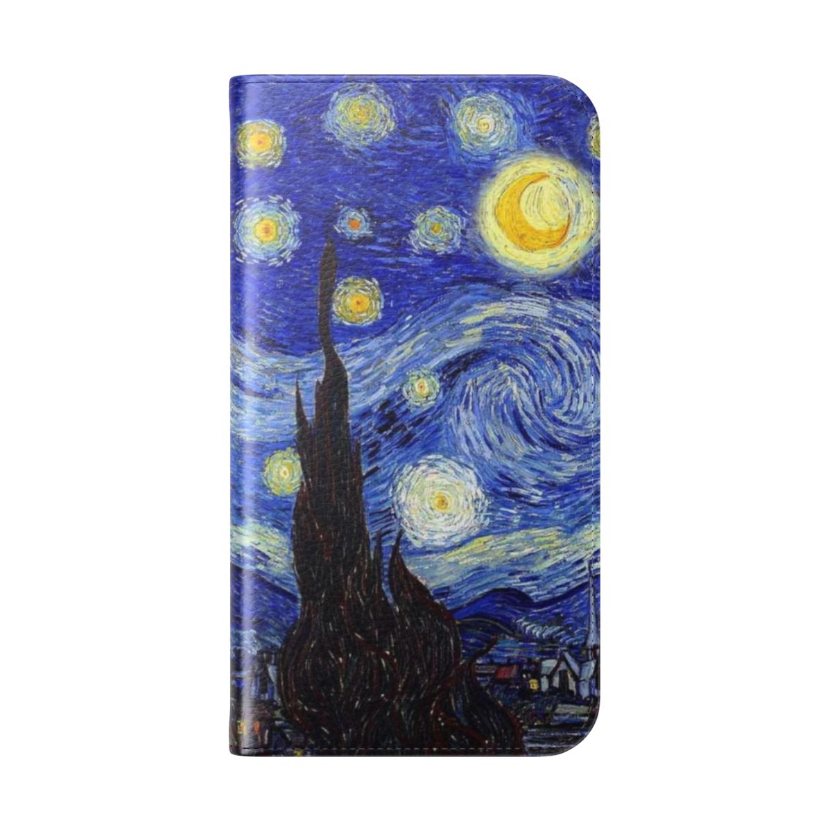 Flip cover phone case featuring a design inspired by Van Gogh's "The Starry Night" painting. - Folded Back