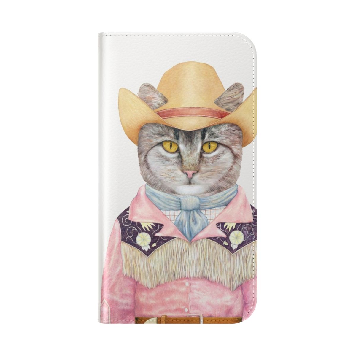 Stylish flip phone case featuring a cartoon cat wearing a cowboy hat and bandana - Folded Back