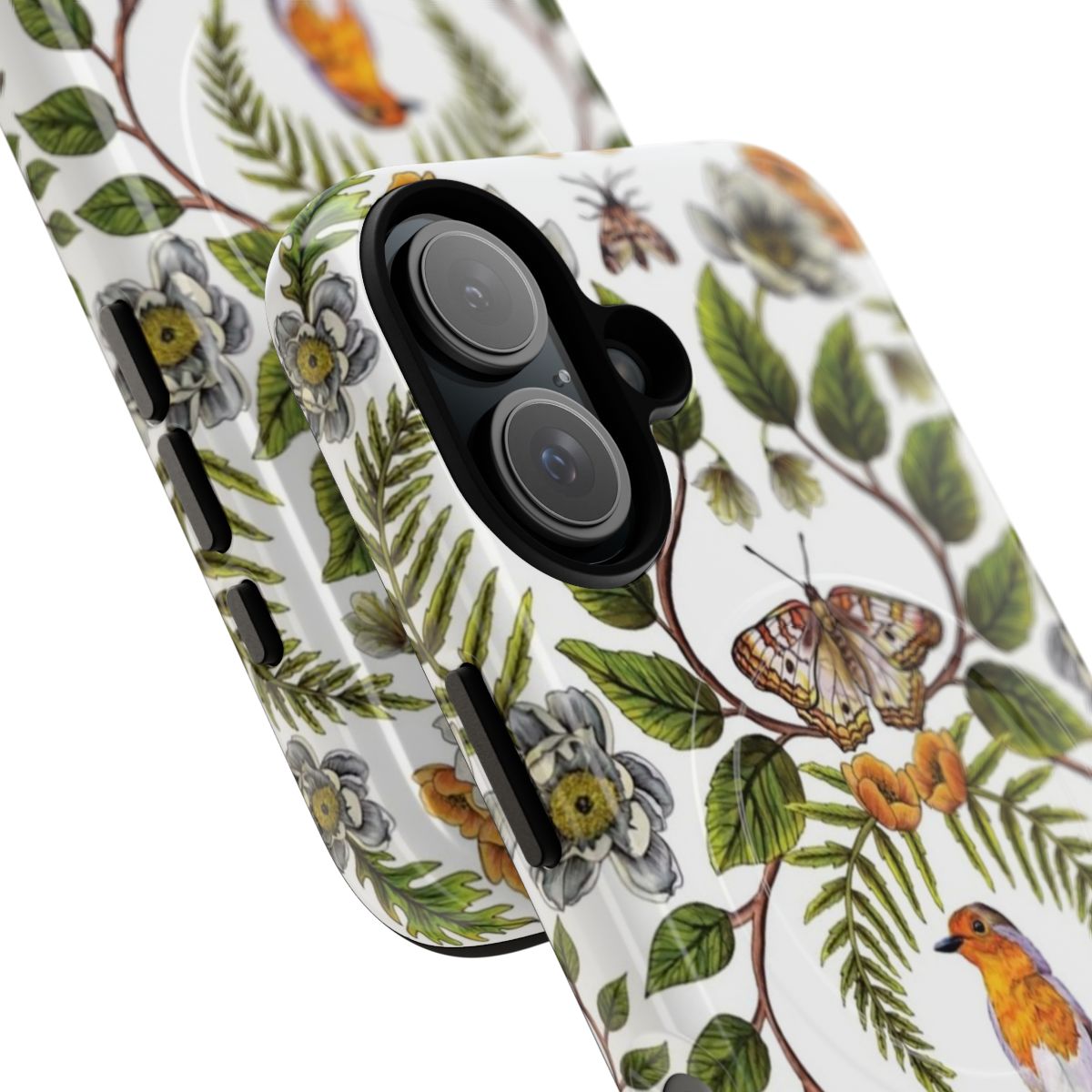 Floral and botanical pattern phone case with birds, moths, dragonflies, and flowers - Detail