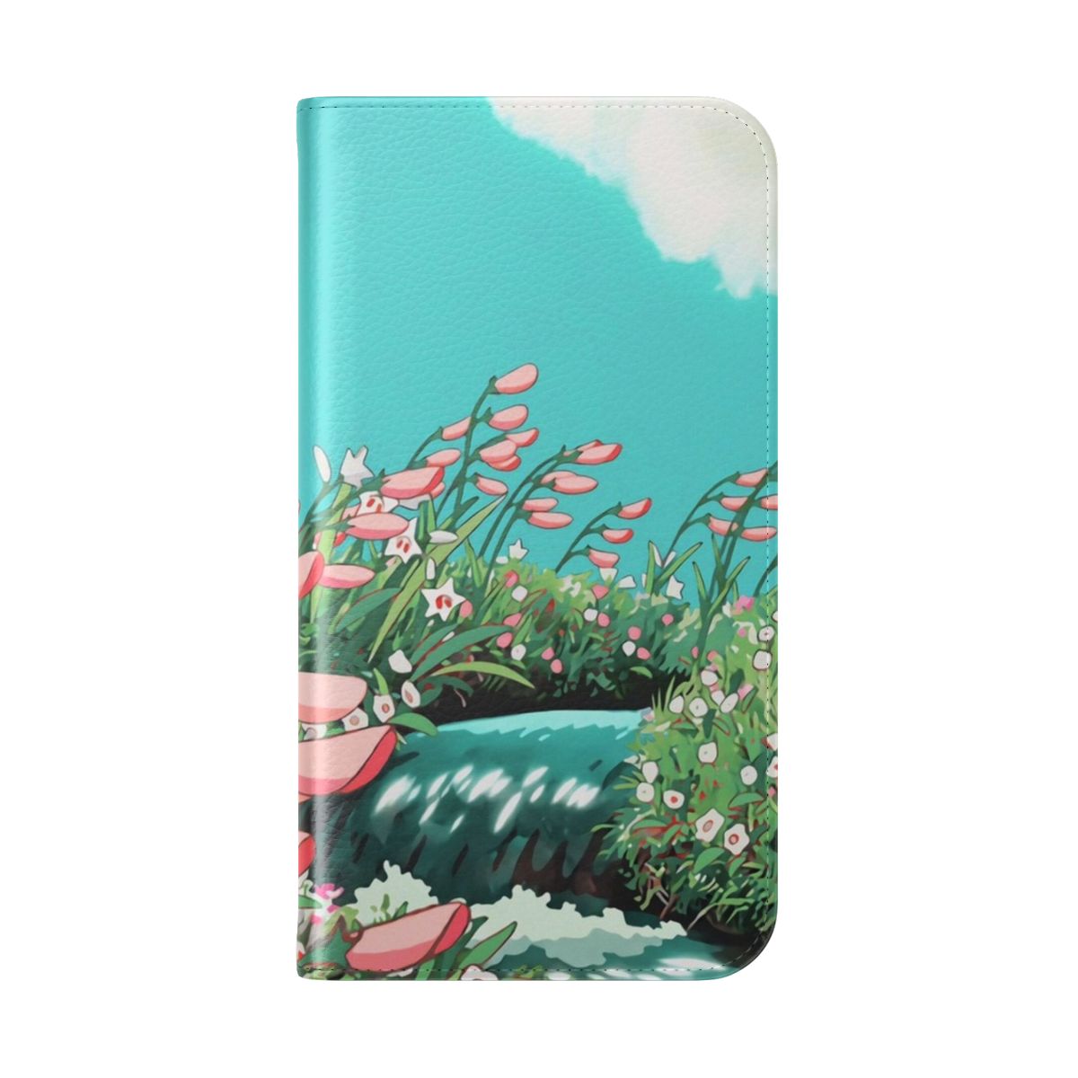 Anime-inspired phone case with a beautiful scenery of a river, flowers, and sky - Folded Back