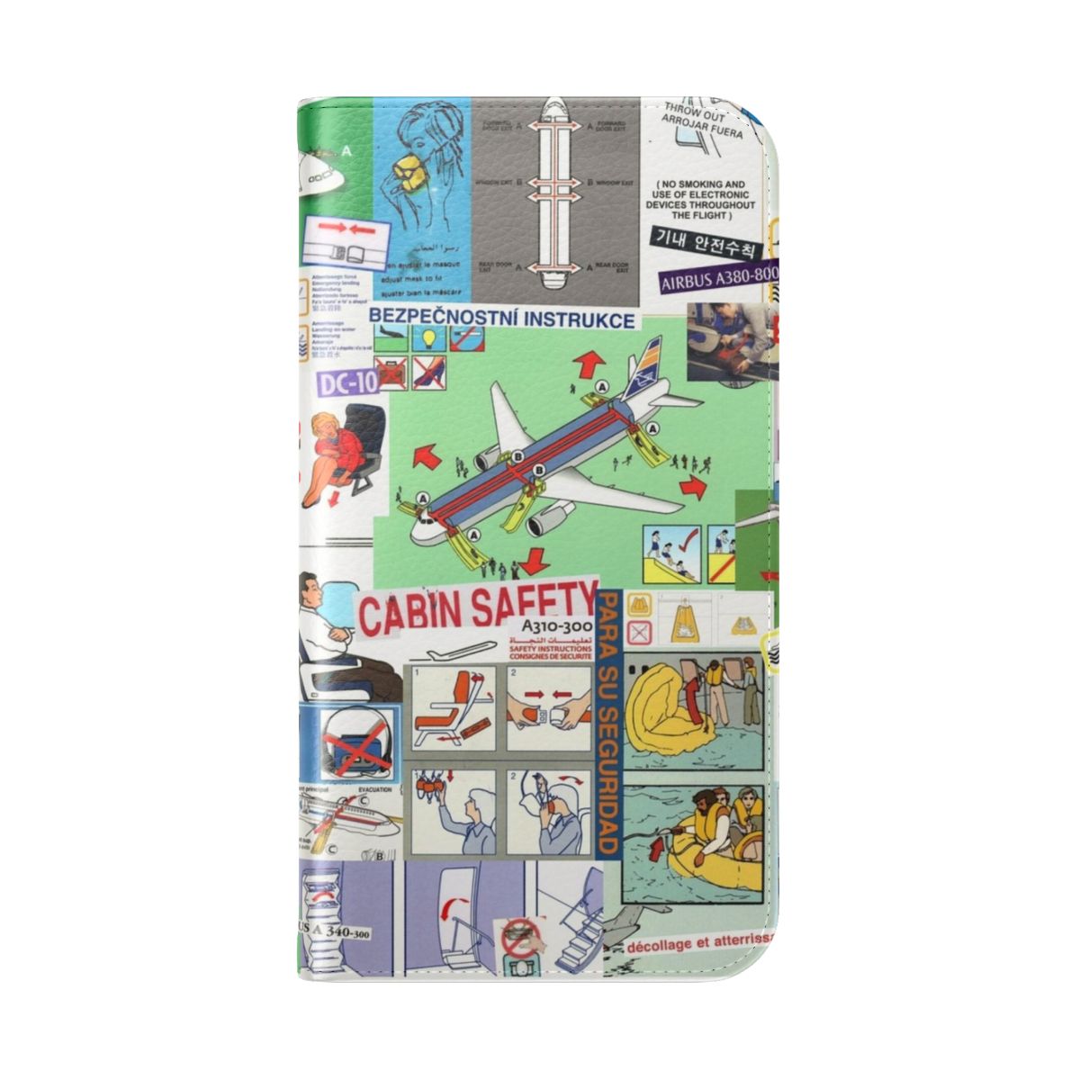 Collage phone case design with aviation and flight safety themed elements. - Folded Back