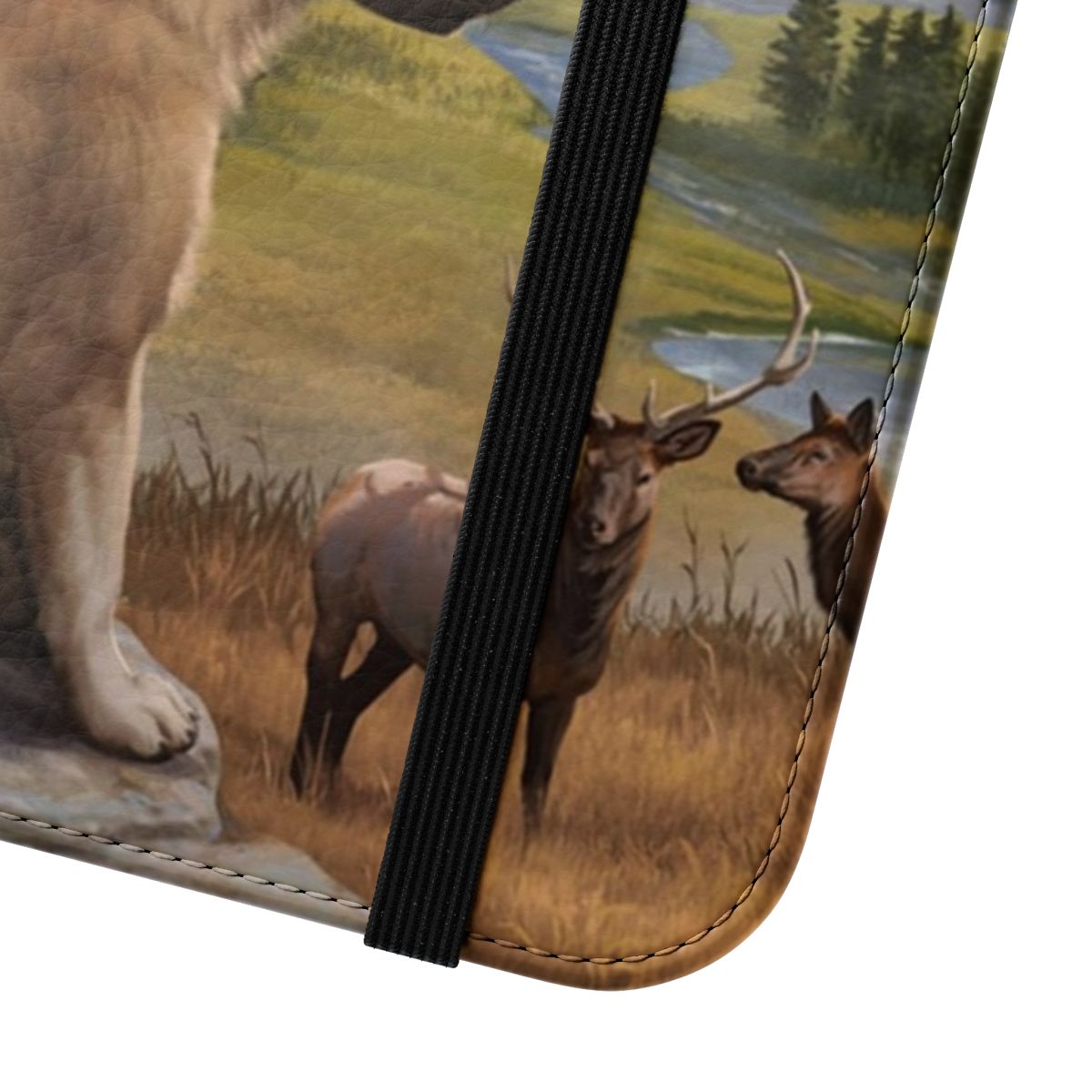 Rustic wolf phone case with nature and mountain pastoral landscape design - Close Up