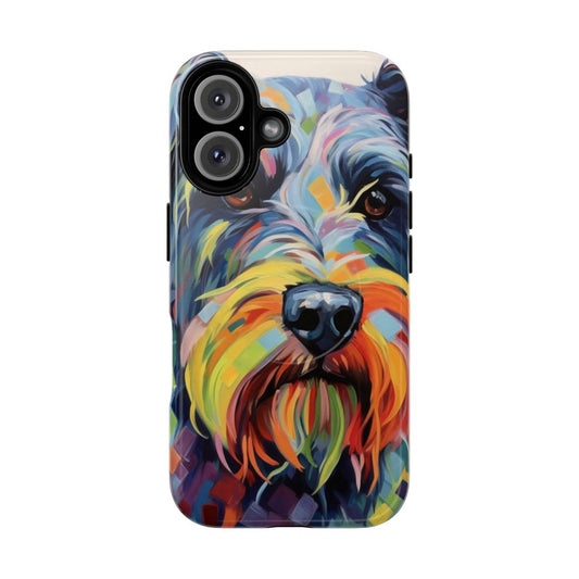 A magnetic phone case featuring a cute schnauzer dog illustration.