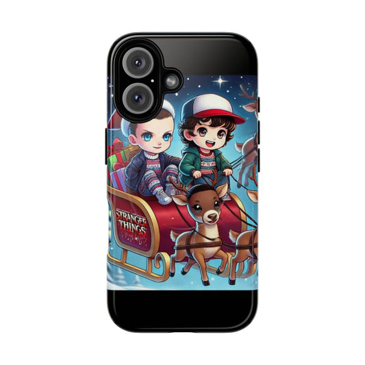 Artistic Stranger Things-themed Christmas phone cases featuring a holiday sleigh ride scene.