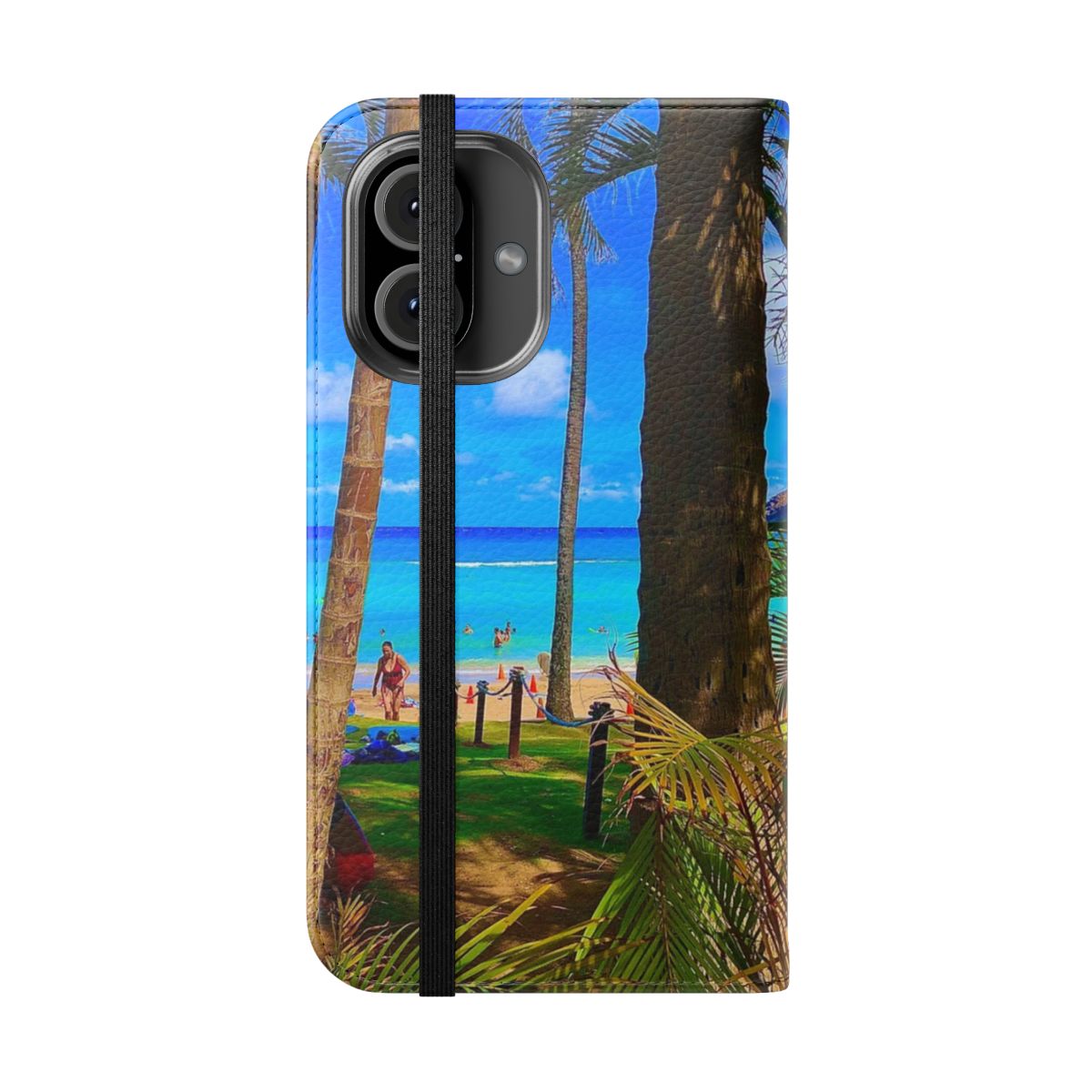 Tropical paradise-inspired flip cover phone case with palm trees and beach design - Folded Front