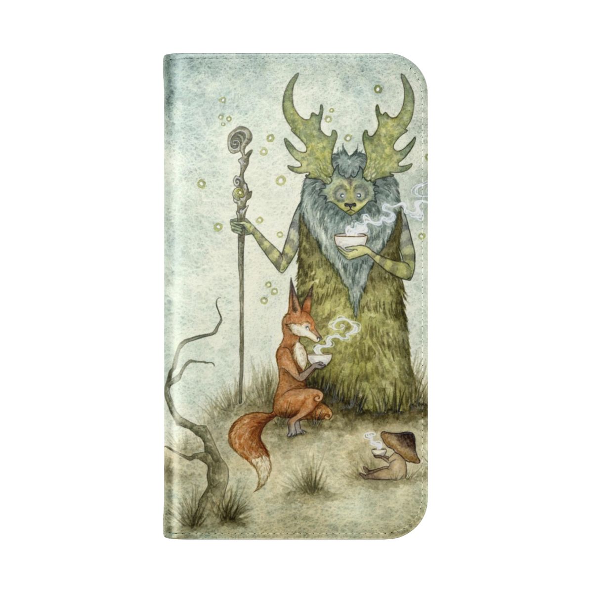 Flip cover phone case with a whimsical fairy tale forest spirit design - Folded Back