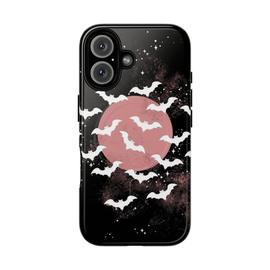 Bats phone case with a spooky, mysterious design featuring a full moon, stars, and a pink and black color scheme.