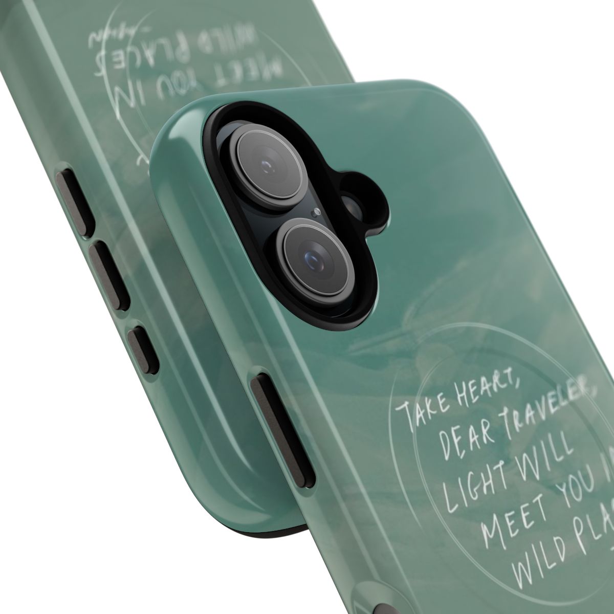 Magnetic tough phone case with image of wild flowers and mountains and text "Light will meet you in wild places" - Detail