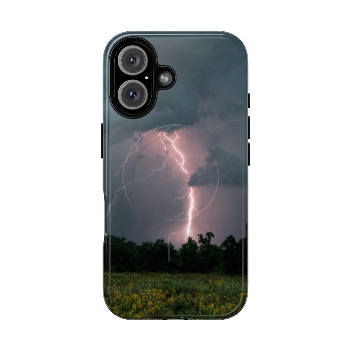 Product image of a tough phone case featuring a dramatic summer storm with lightning bolts over the Carolina landscape.