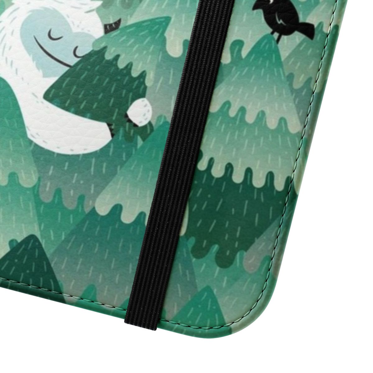 Tree Hugger Flip Cover Phone Case with a monster, yeti, or bigfoot hugging a tree in a forest or woodland setting - Close Up