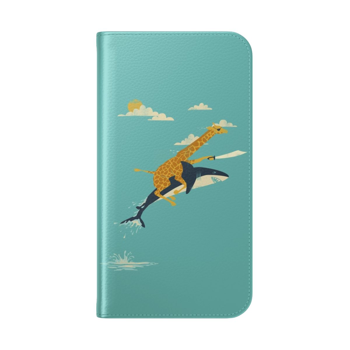 "Safari-themed flip cover phone case for smartphone with giraffe, shark, and eyepatch design" - Folded Back