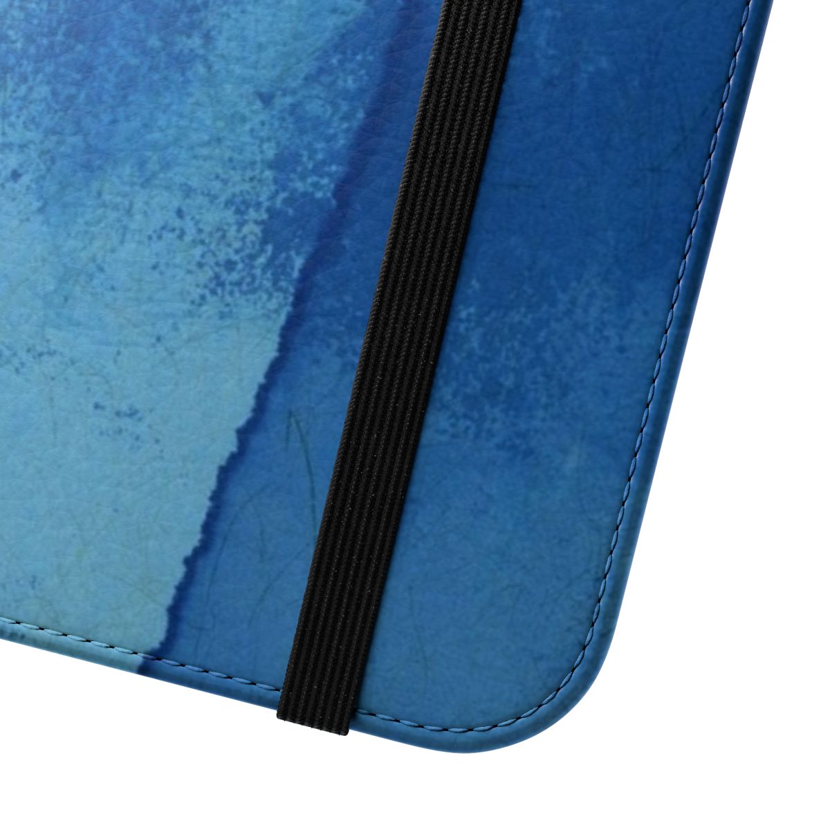 Blue ink spill design on a smartphone flip cover case - Close Up