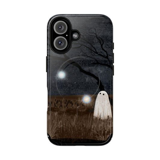 A phone case featuring a spooky, supernatural scene with ghostly will-o'-the-wisps in a mysterious swamp.