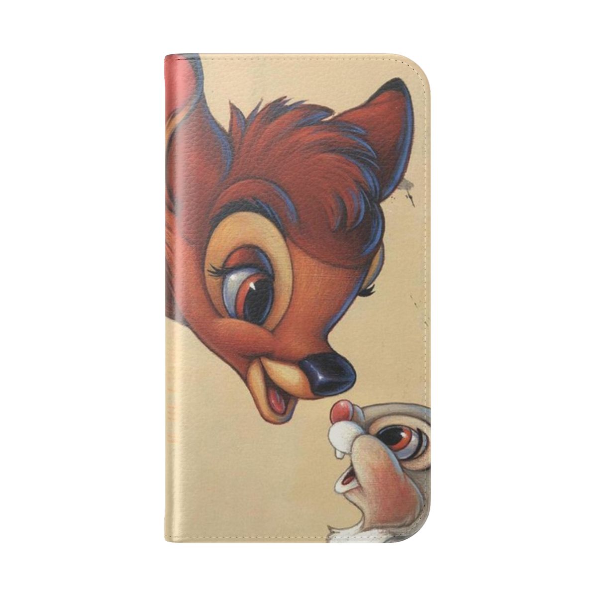 Flip cover phone case featuring a sweet illustration of Bambi the fawn and Thumper the rabbit in a natural setting. - Folded Back