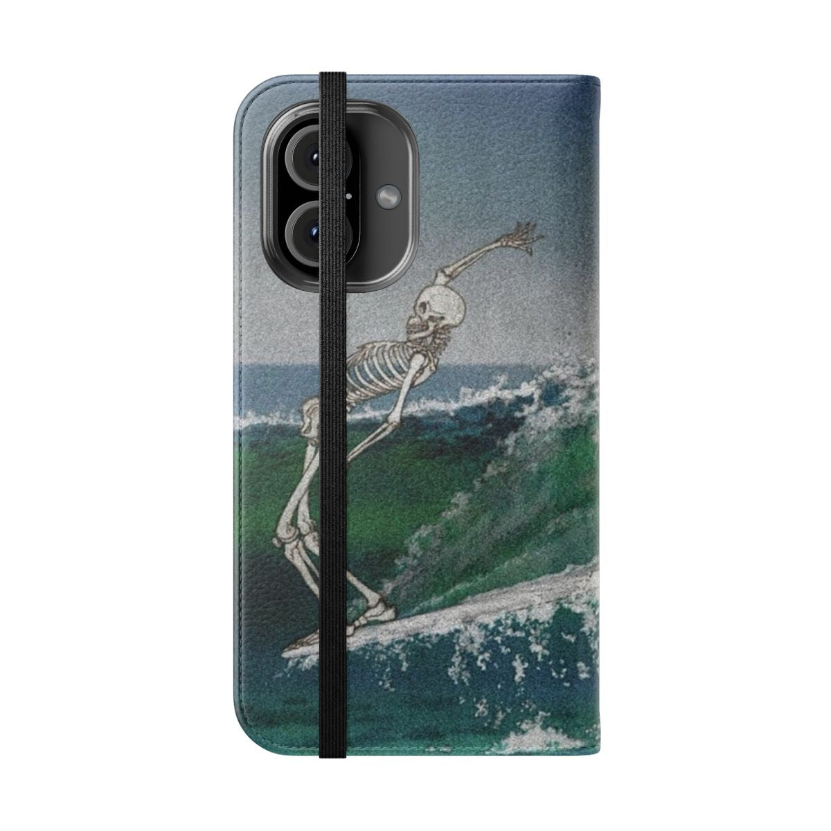 Vintage-inspired blue phone case with skeleton and wave design - Folded Front