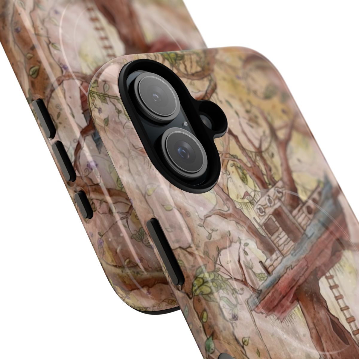 A magnetic phone case featuring a fisherman in a forest setting with trees and sunlight - Detail