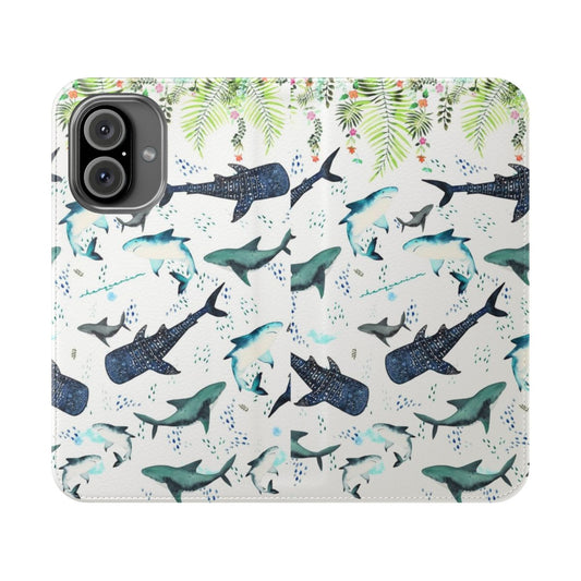 Floral shark pattern phone case cover with palm leaves and underwater elements