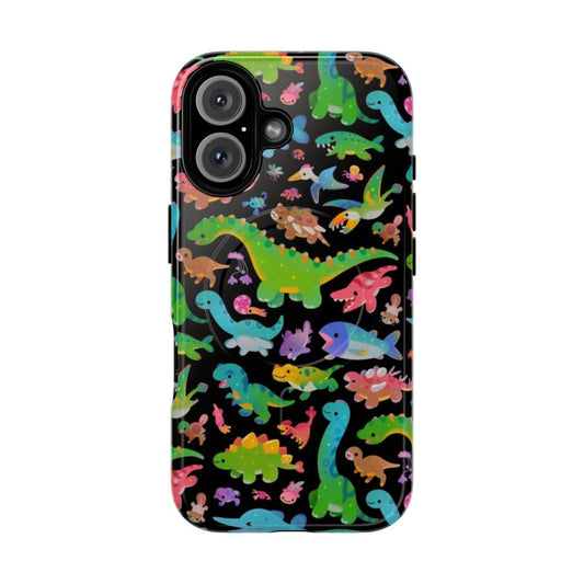 Magnetic tough phone case featuring various dinosaur species from the Jurassic period