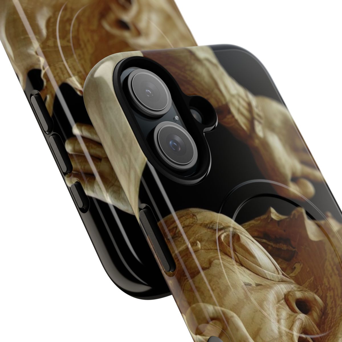 A carved wood phone case depicting a swimmer figure with water droplets. - Detail