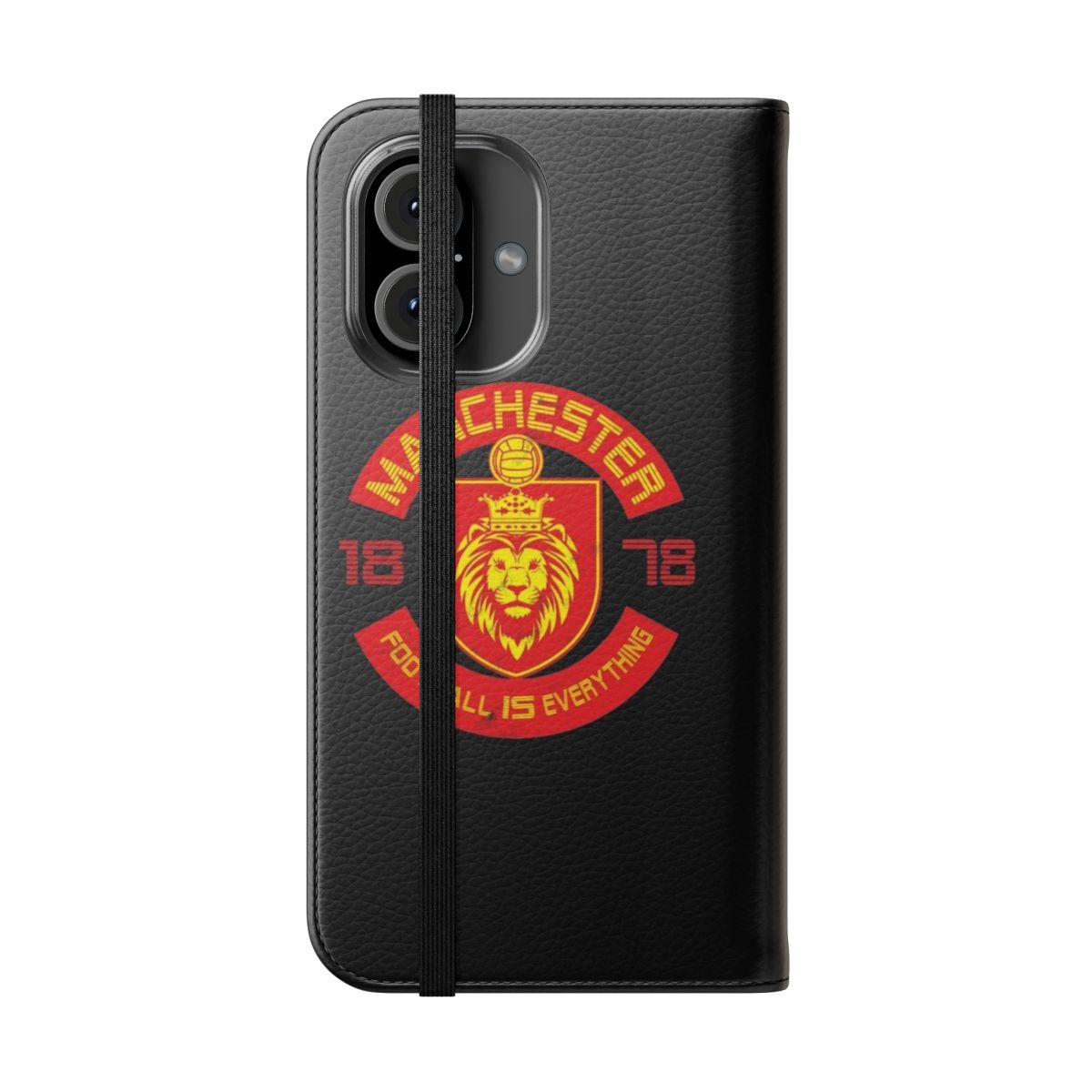 Retro-style flip cover phone case featuring a distressed Manchester football jersey design - Folded Front