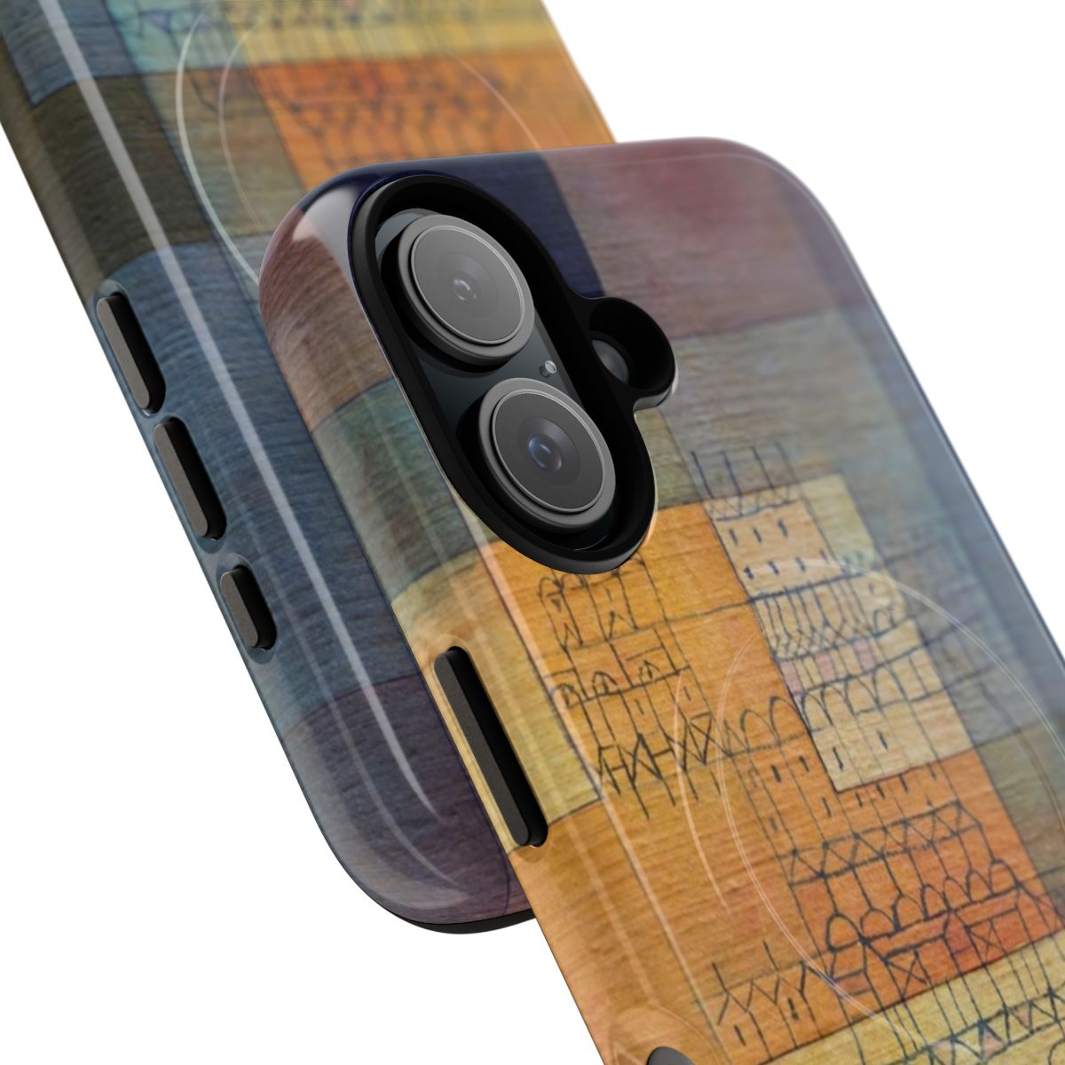 Phone case with abstract geometric pattern inspired by the painting "Polyphonic Architecture (1930)" by the artist Paul Klee. - Detail