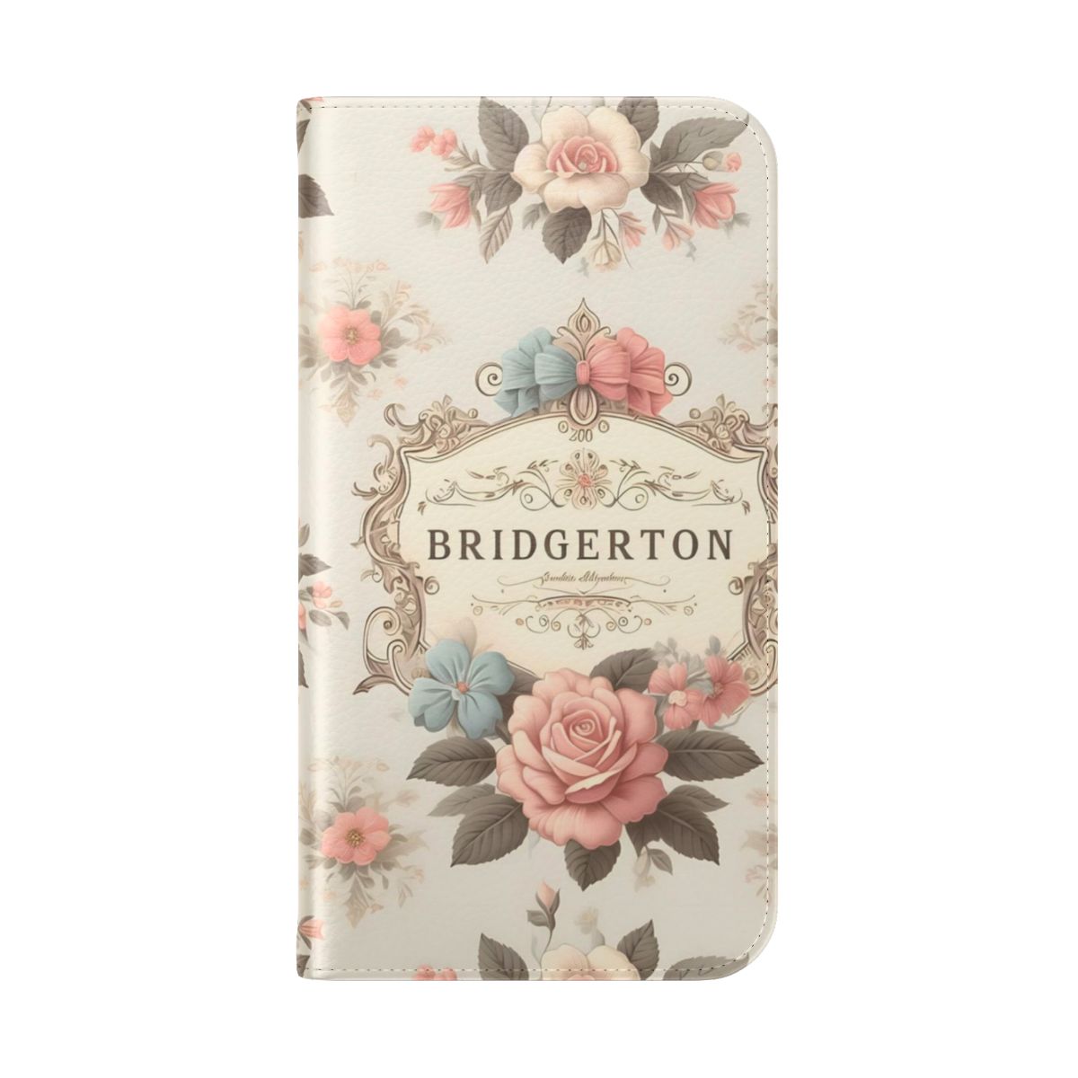 Pastel Bridgerton-inspired flip cover phone case featuring whimsical floral and satin bow design - Folded Back