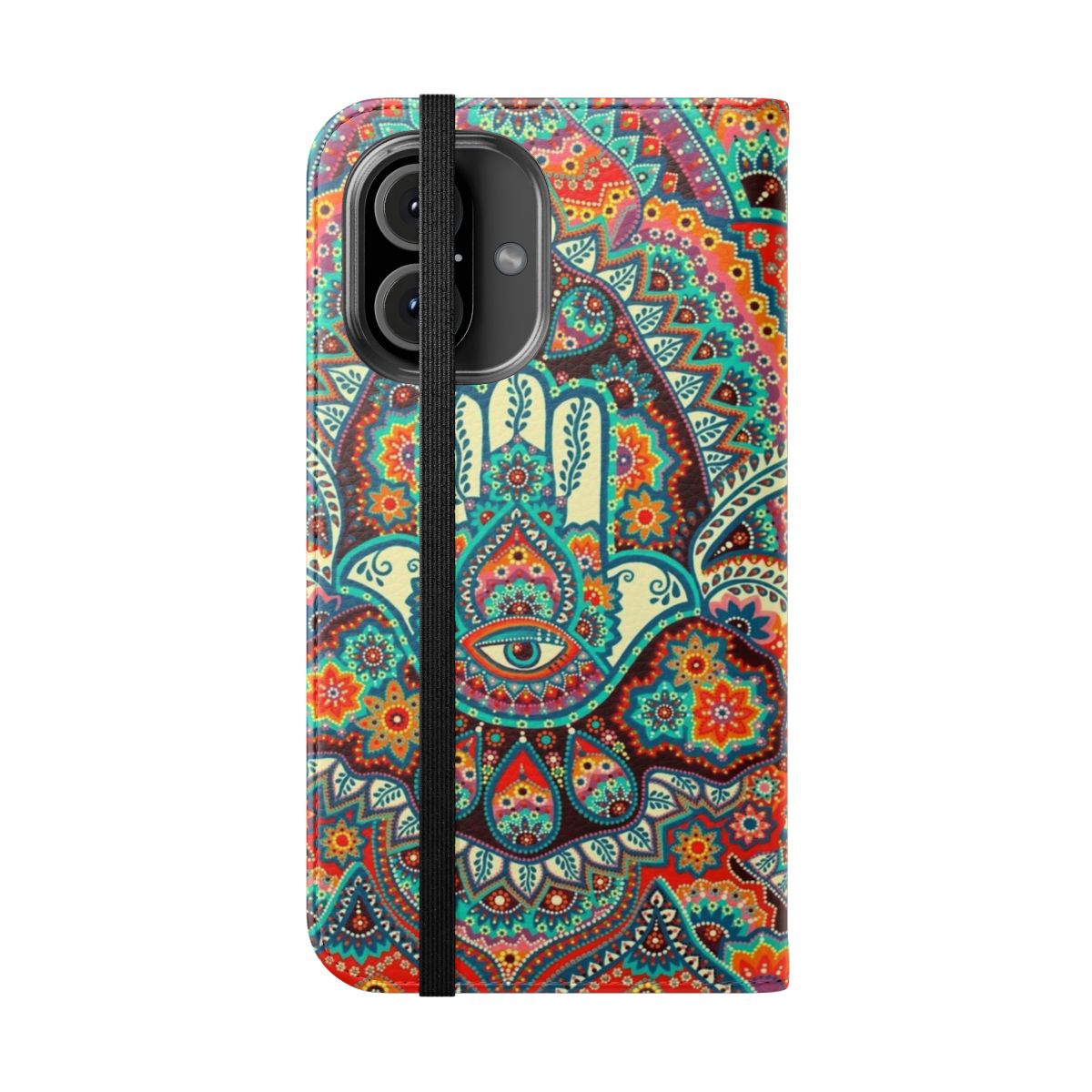 Boho-inspired Hamsa Hand design on a flip cover phone case - Folded Front