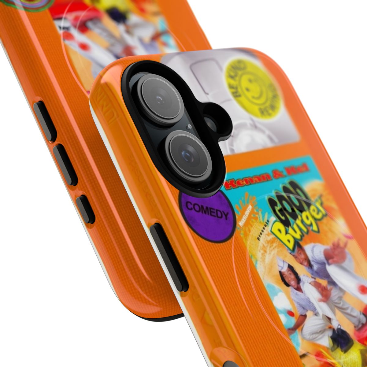 Retro 90s-Inspired Orange Phone Case with Good Burger VHS Tape Design - Detail