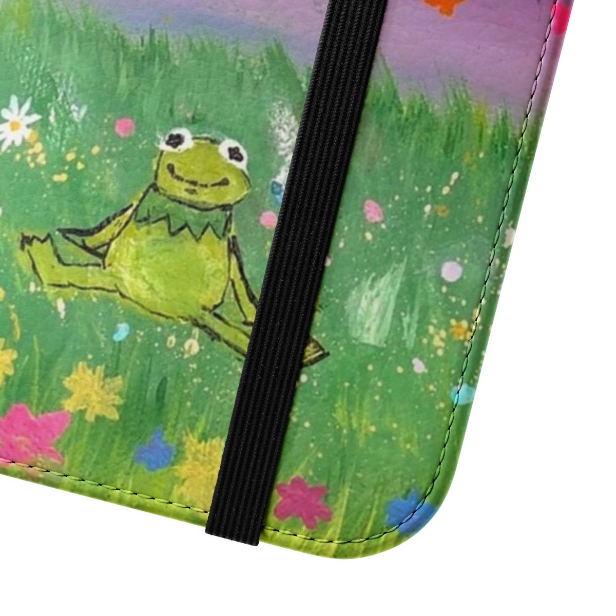 Colorful flip phone case featuring an illustration of Kermit the Frog in a rainbow design - Close Up