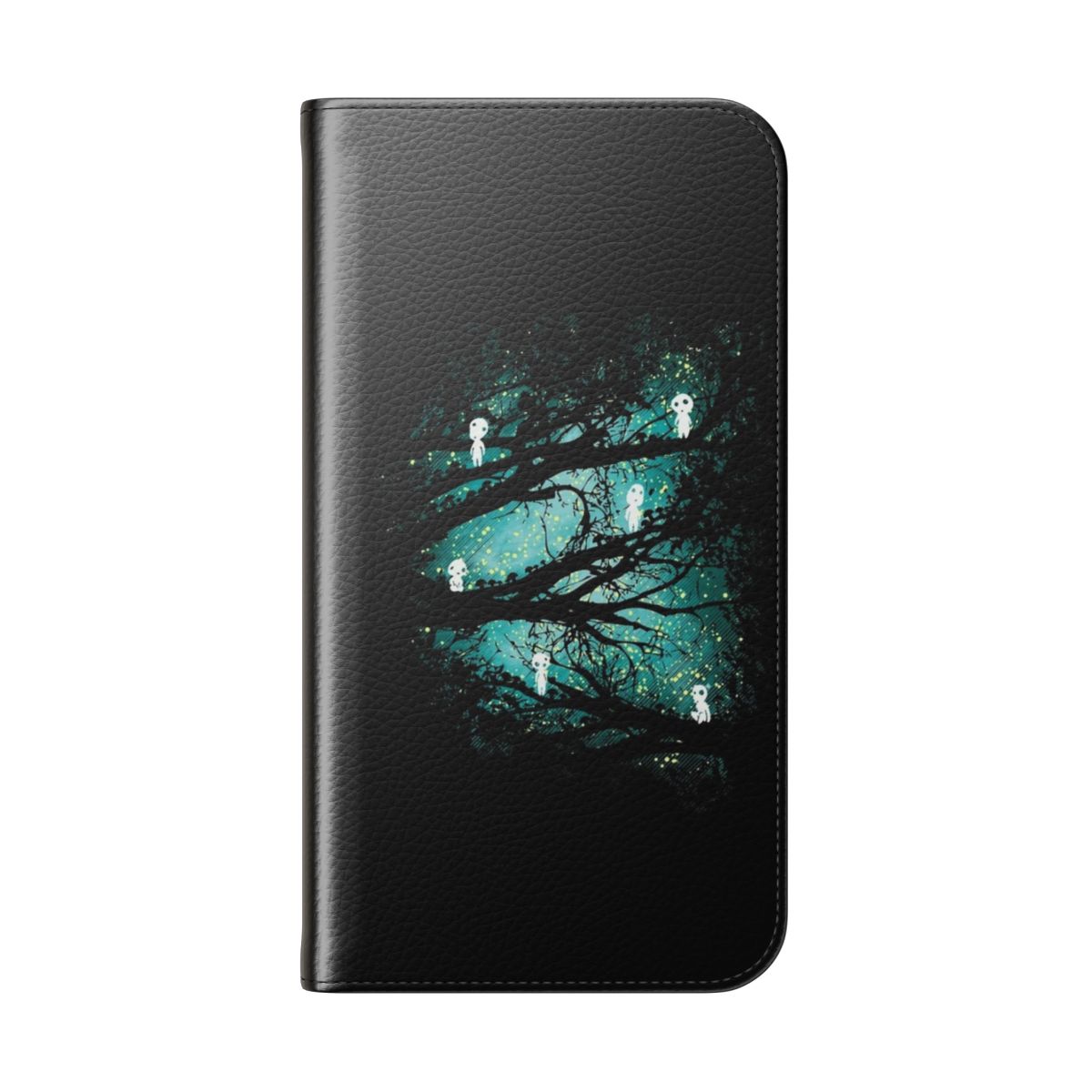 Flip cover phone case featuring a fantasy artwork of tree spirits - Folded Back