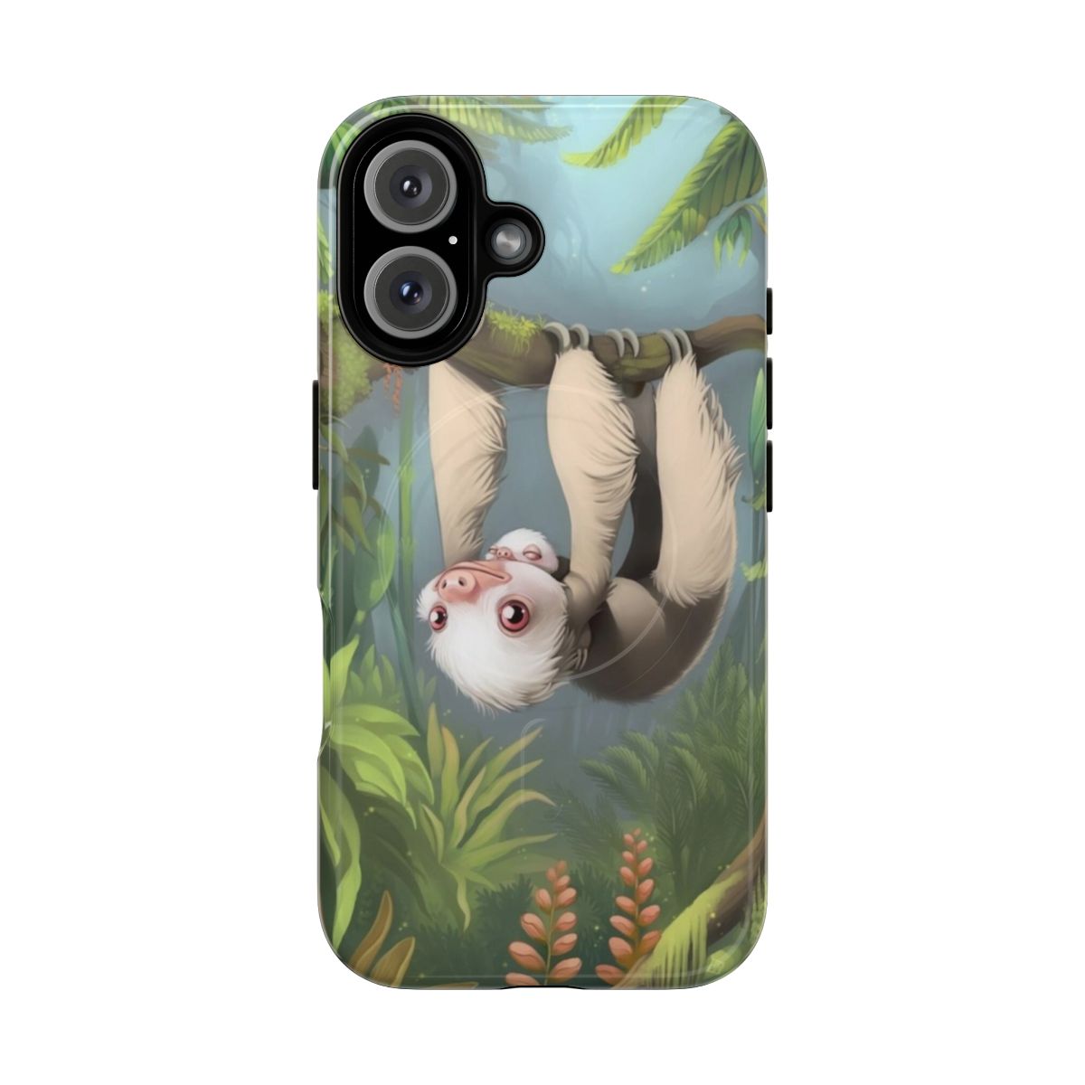 Two-toed sloth and its baby clinging to a phone case