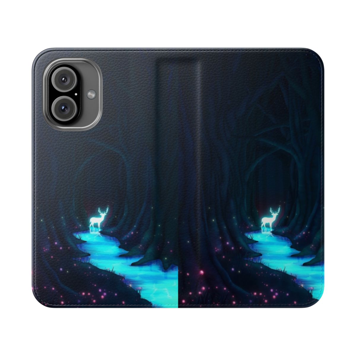 Glowing river and deer silhouette in a fantasy landscape phone case design