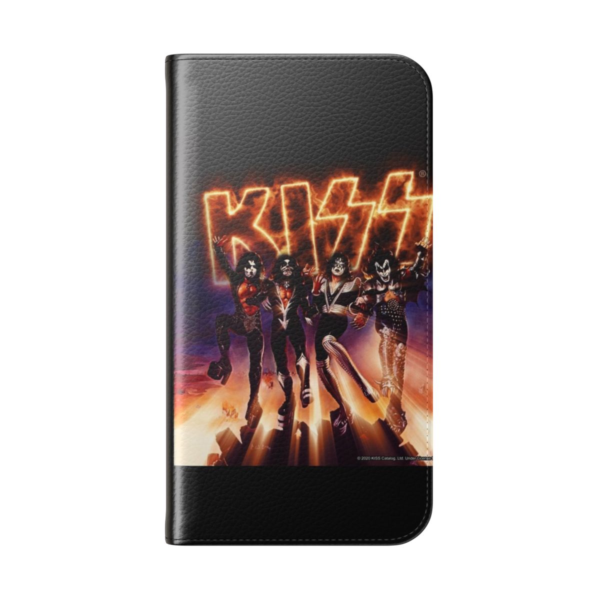 KISS inspired Destroyer album fire logo printed on a mobile phone flip cover case - Folded Back