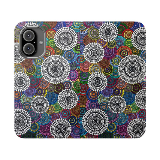 One Mob inspired flip cover phone case with contemporary aboriginal art design