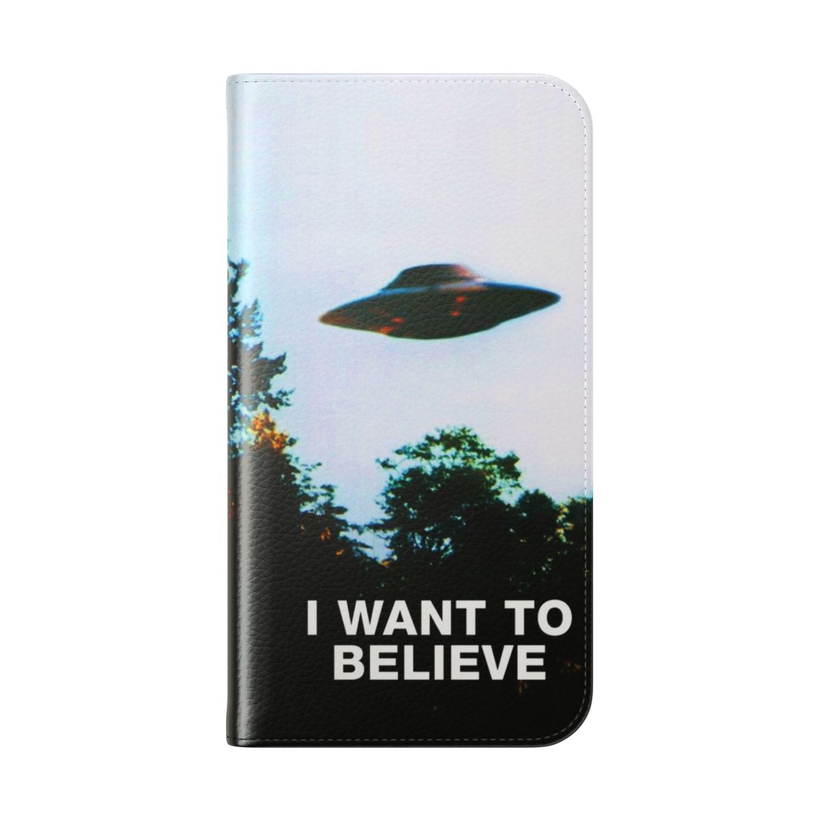 Paranormal-themed phone case with "I Want to Believe" graphic - Folded Back